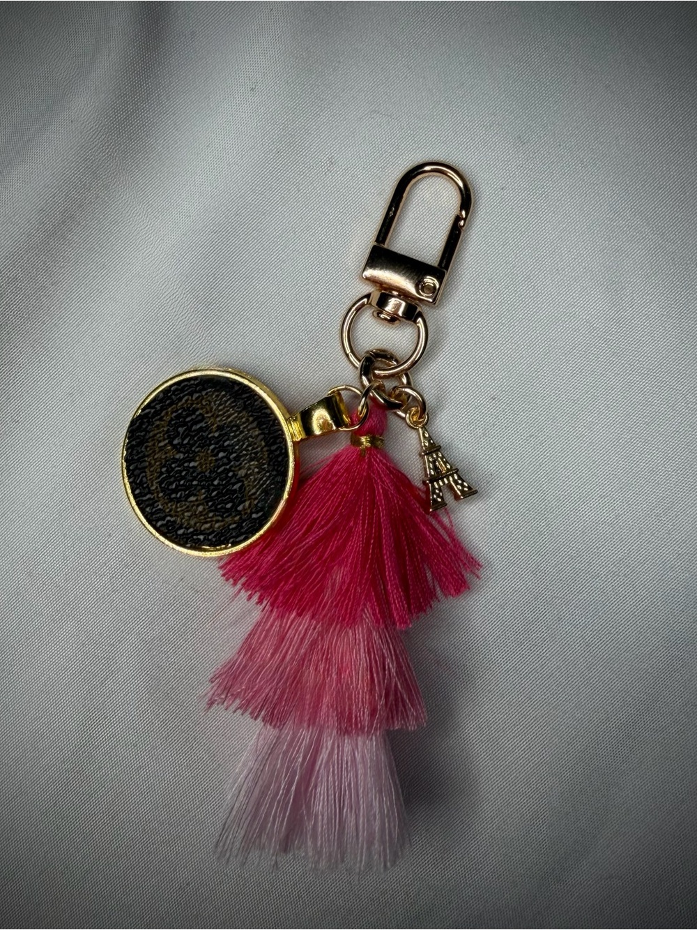 Pink Ombré Tassel Keychain with Gold Accents & Upcycled LV Charm